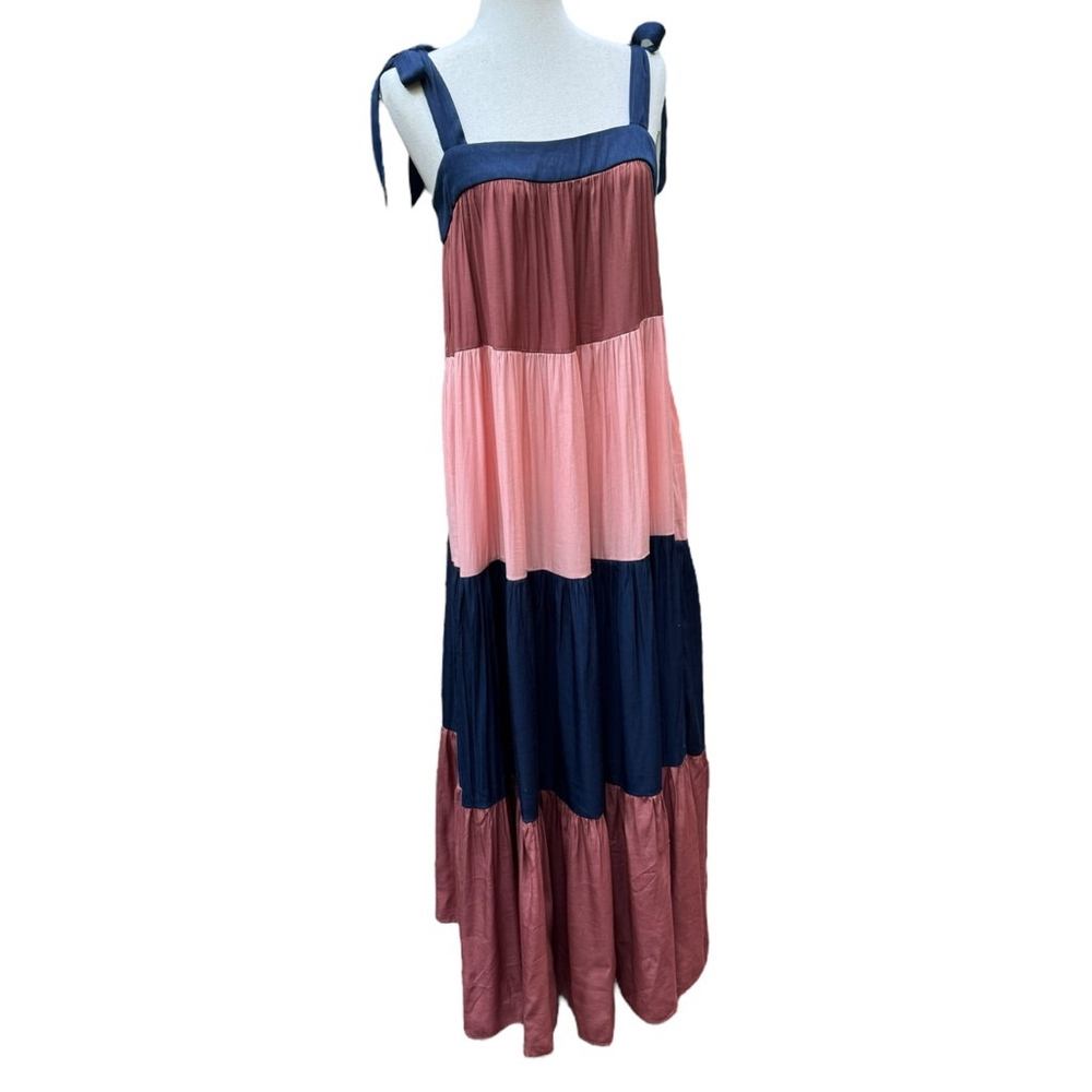FRNCH Paris Tiered Maxi Dress M Tie Strap Colorblock Boho Viscose Summer Beach - Picture 3 of 14